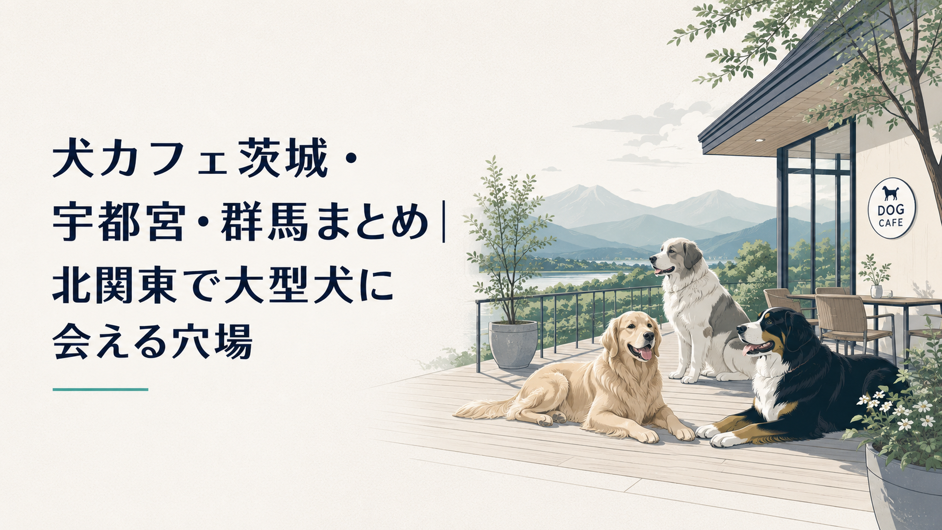 北関東の自然に囲まれたドッグカフェのテラスで、大型犬がのんびりくつろぐ穏やかなシーン