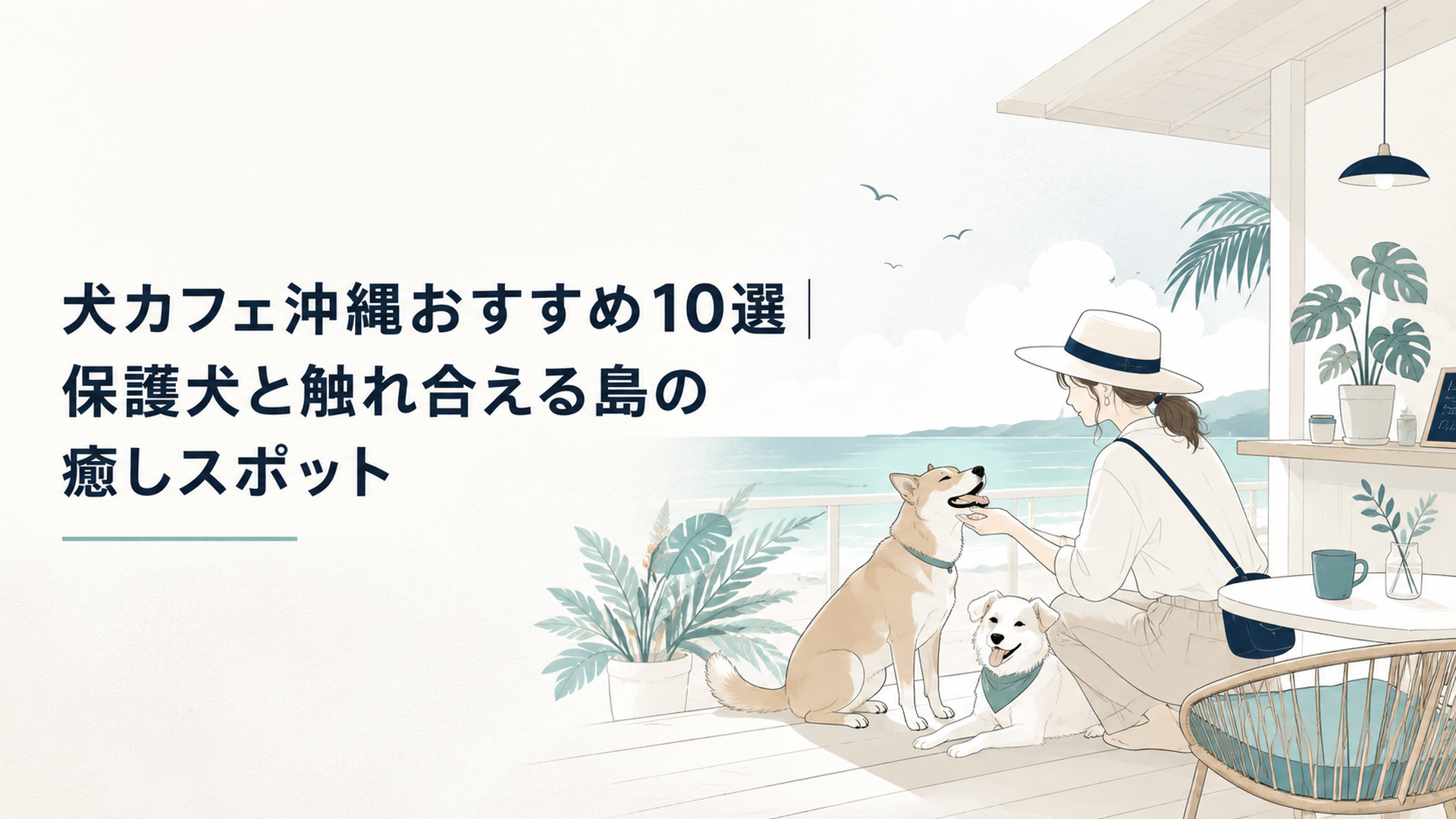 沖縄の海辺の犬カフェで保護犬とふれあう旅行者の温かいシーン