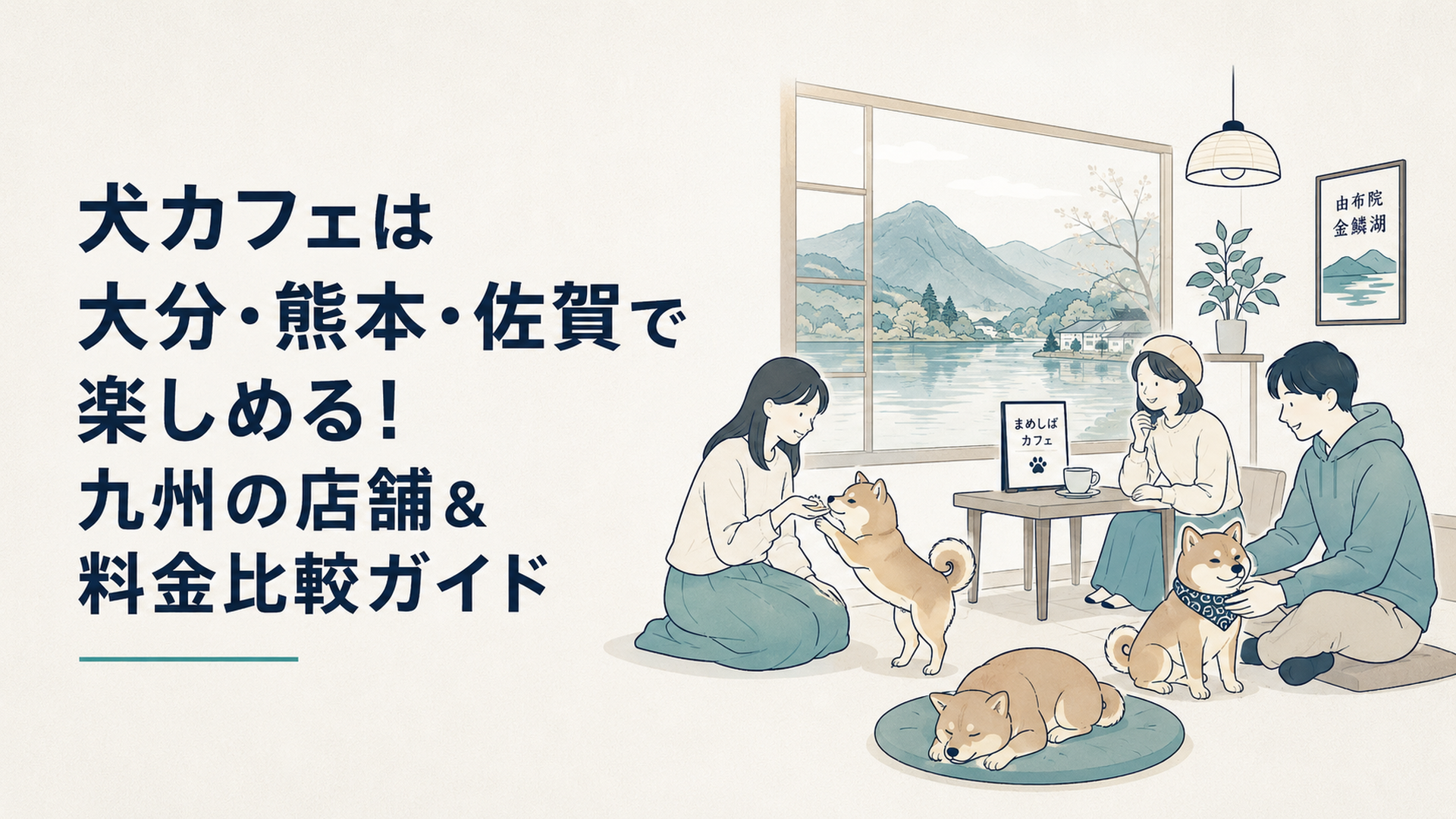 九州・大分の金鱗湖近くにある豆柴カフェで、観光客が豆柴とふれあう和やかなシーン