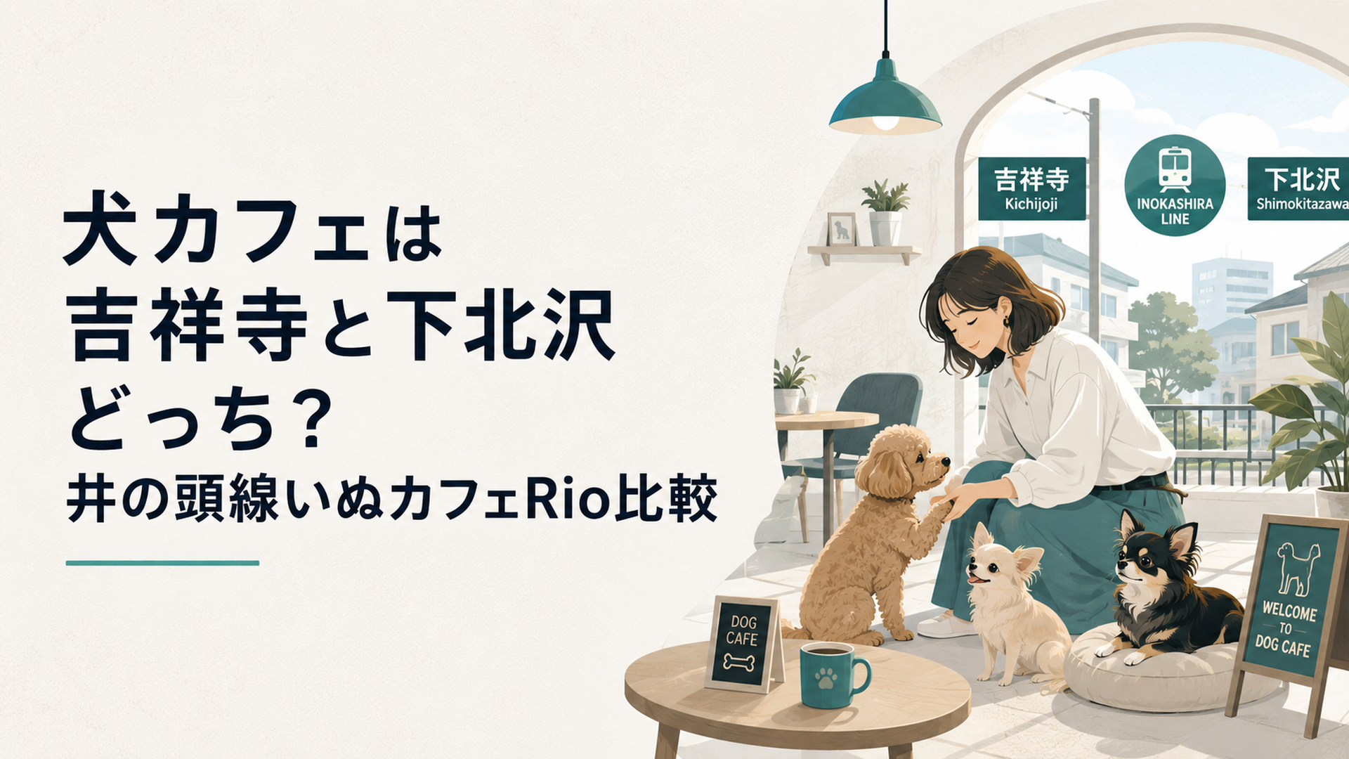 井の頭線沿いのおしゃれな犬カフェで小型犬と触れ合う飼い主の温かいシーン