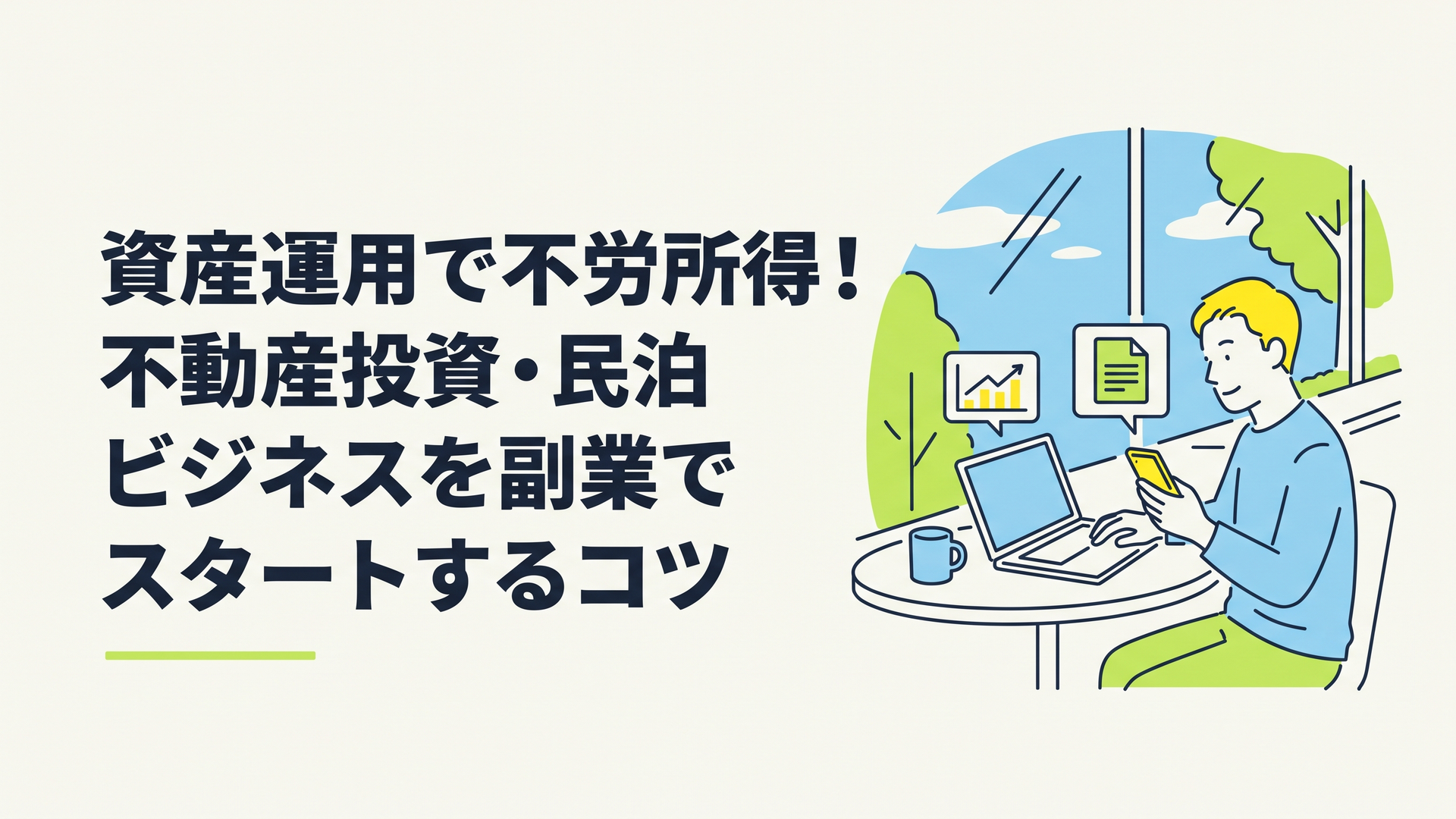 カフェの窓際でノートパソコンとスマートフォンを開き、リラックスした様子で最新の金利動向や電子契約の書類を確認している30代男性の姿