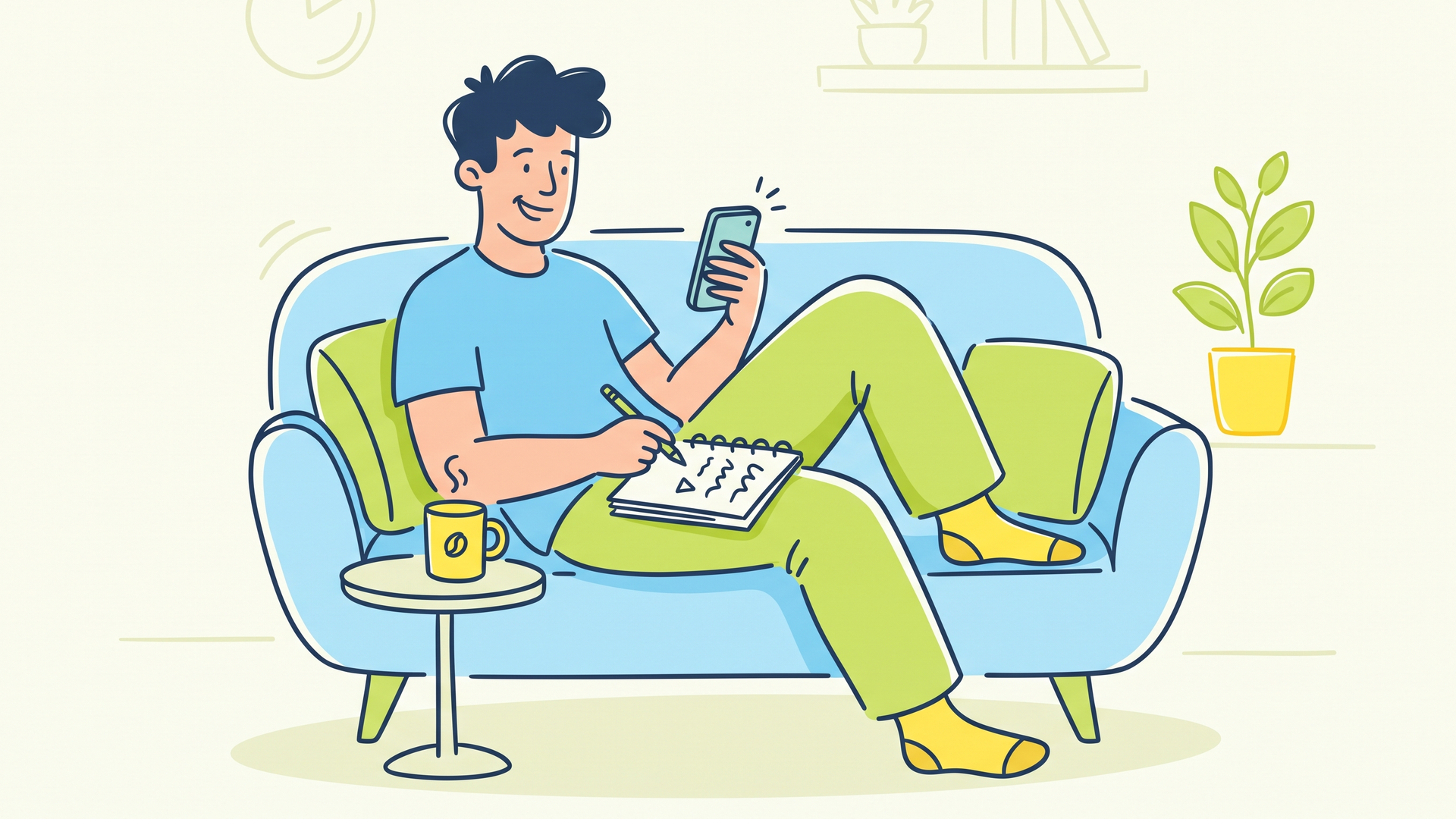 自宅のソファに座り、コーヒーを傍らに置きながらスマホとノートでリラックスして作業する男性