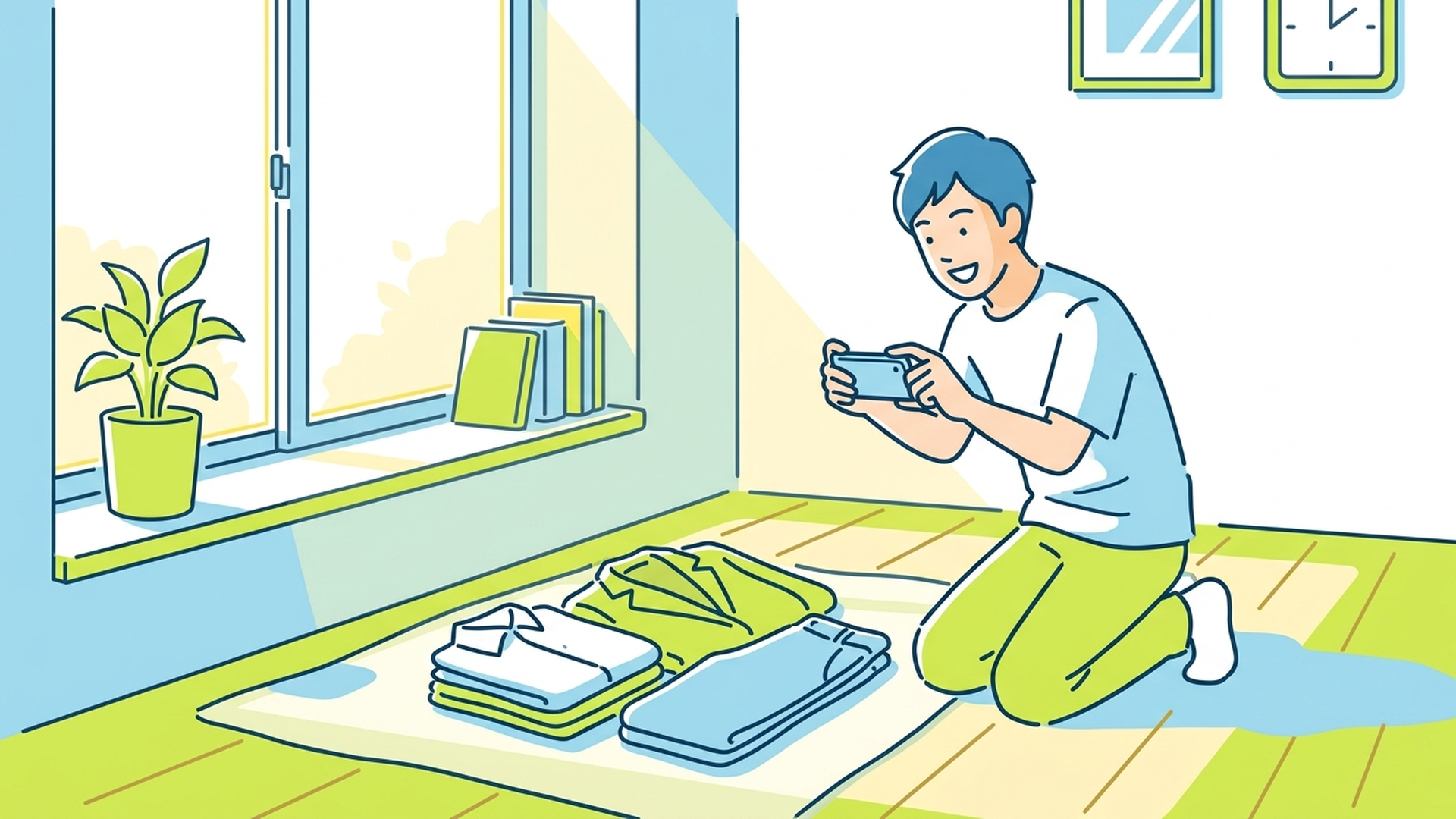 自宅の明るい窓際で、着なくなった綺麗な洋服をスマホで丁寧に撮影し、フリマアプリに出品する準備をしている笑顔の男性