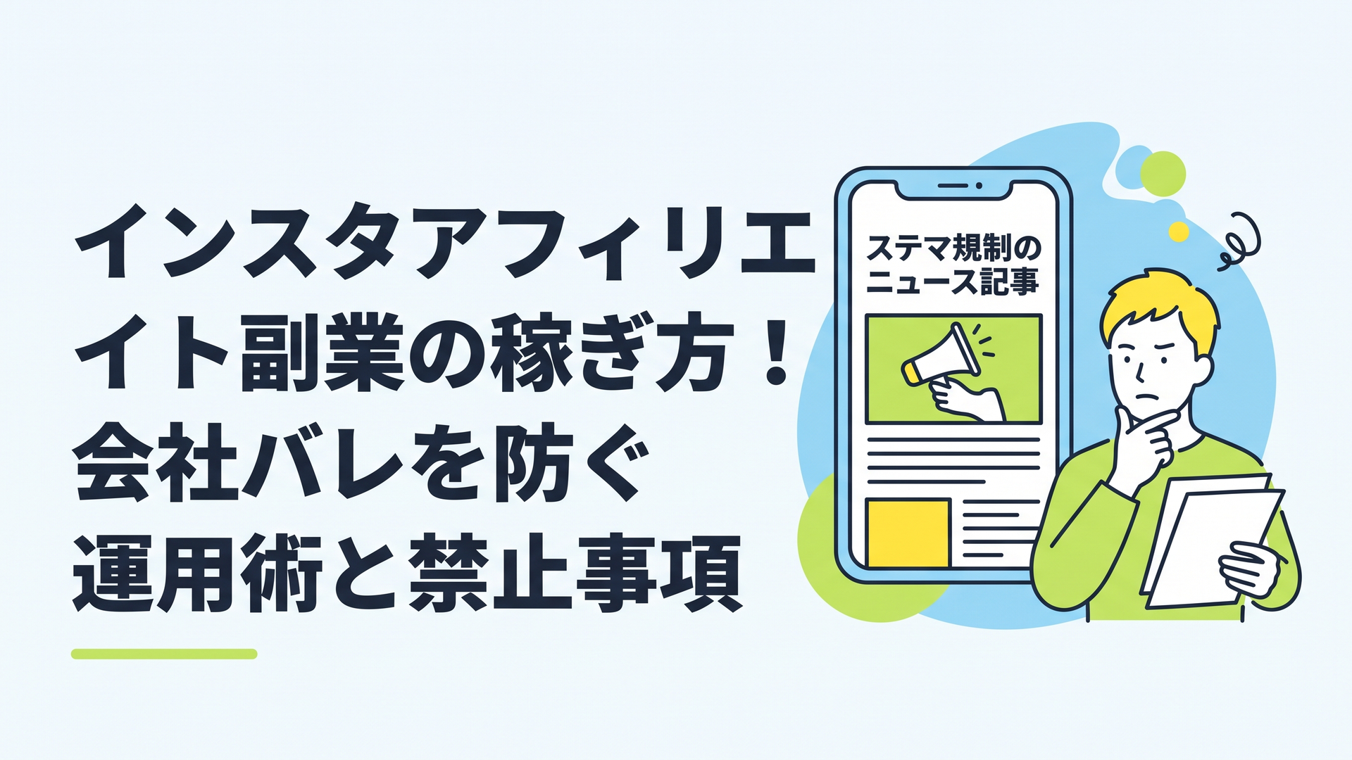 スマホ画面に映るステマ規制のニュース記事と、書類を確認しながら深刻な表情で考える男性