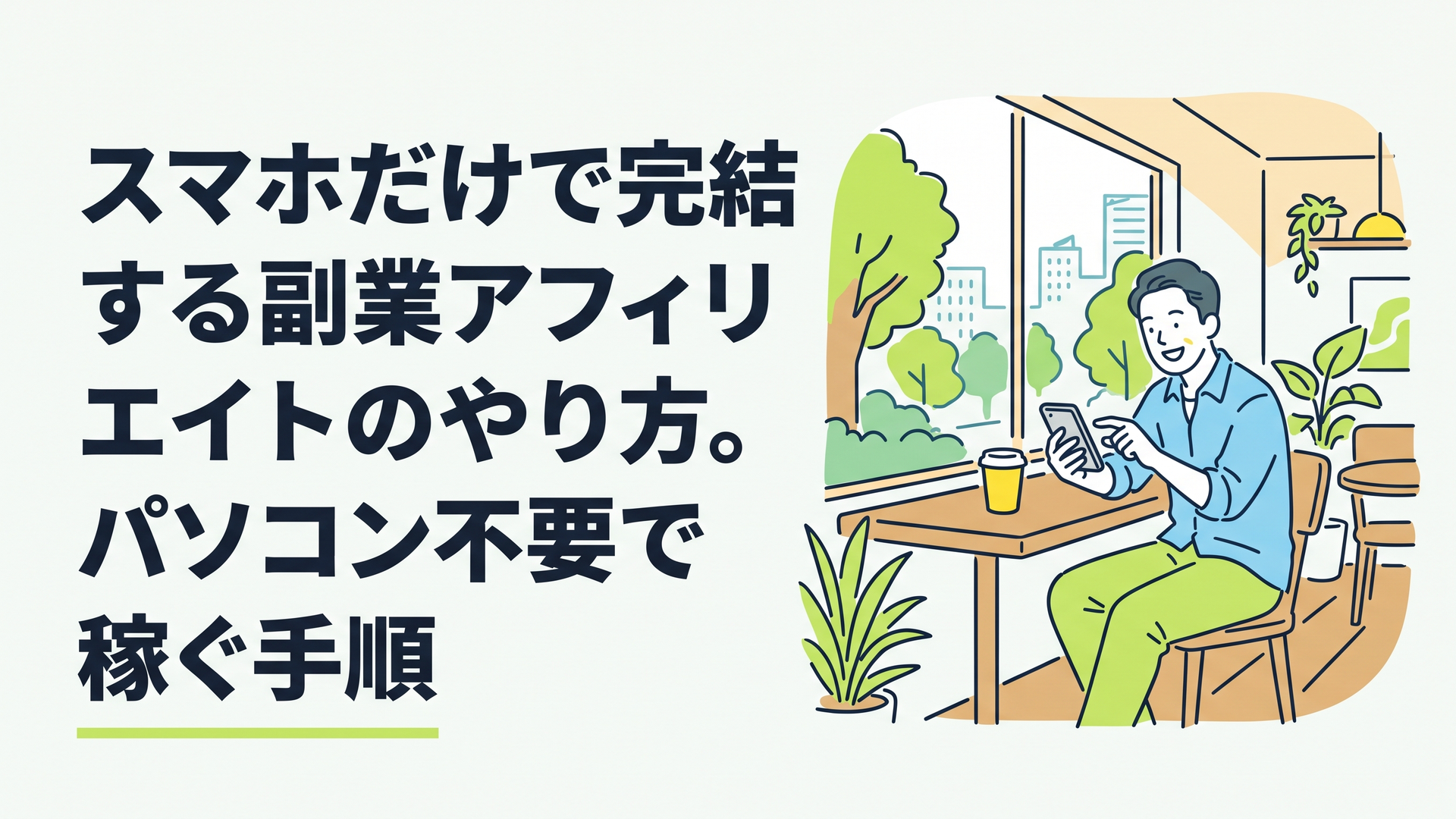 カフェの窓際でリラックスしながらスマホを操作し、笑顔で副業のブログ記事を書いている30代男性